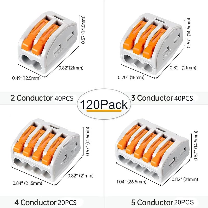UOHGDPY Lever Wire Connectors,120PCS Wire Connector Assortment Pack Compact Splicing Connector Kit for Electrical Wires Solid Stranded Flexible Wires, 2 Port, 3 Port, 4 Port,5 Port - Image 5